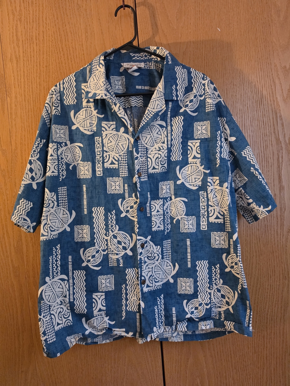 Pacific Legend Mens 2XL Hawaiian Aloha Shirt Blue Turtle Geomet. 100% Cotton USA